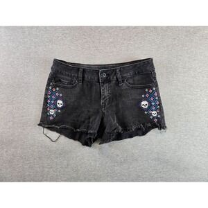 BlackHeart Shorts Womens 5 Black Embroidered‎ Geometric Skulls Cutoff Denim 3"